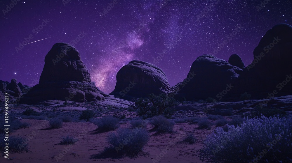 Night sky over desert landscape with rock formations and Milky Way. Night sky over desert landscape with rock formations and Milky Way.