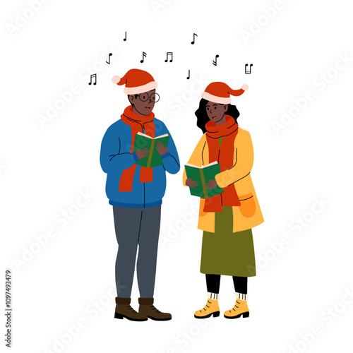 People singing holiday songs while wearing Christmas hats and scarves in a winter setting