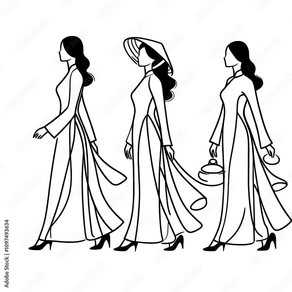 women gracefully stride, each in a flowing Ao Dai, one with a conical hat, another carrying a handbag. Line art style isolated PNG women gracefully stride, each in a flowing Ao Dai, one with a conical hat, another carrying a handbag. Line art style isolated PNG