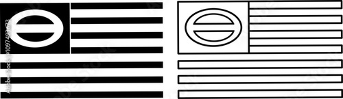 The image shows two designs of ecology flags in black and white: one with a solid theta symbol in a black square and bold horizontal stripes, the other with an outlined theta and thin stripes
