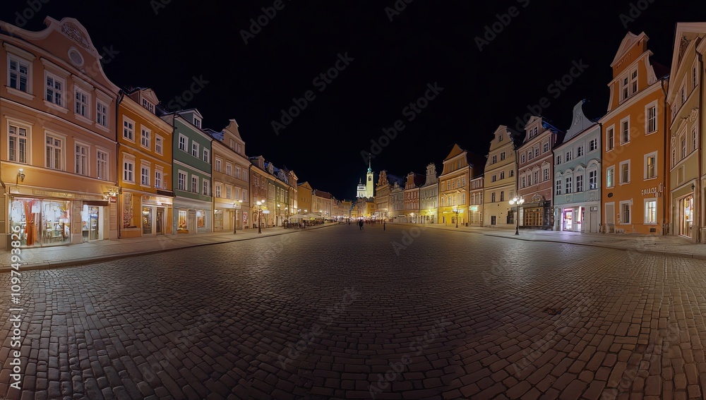 Naklejka premium Night view of a cobblestone town square with colorful buildings and streetlights.