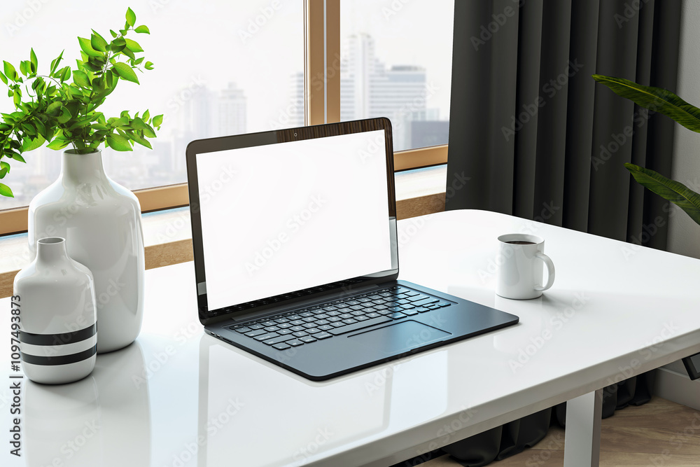 Fototapeta premium Modern workspace with blank laptop screen on a white desk, window view of city buildings, plants, and elegant decor elements. 3D Rendering