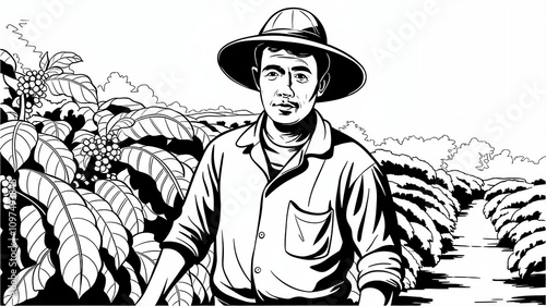 Black and White Illustration of a Coffee Farmer in a Lush Plantation