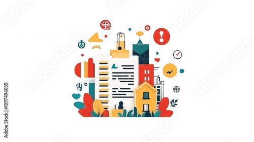 A colorful illustration featuring documents, a house, and various icons, symbolizing organization, planning, and home management.