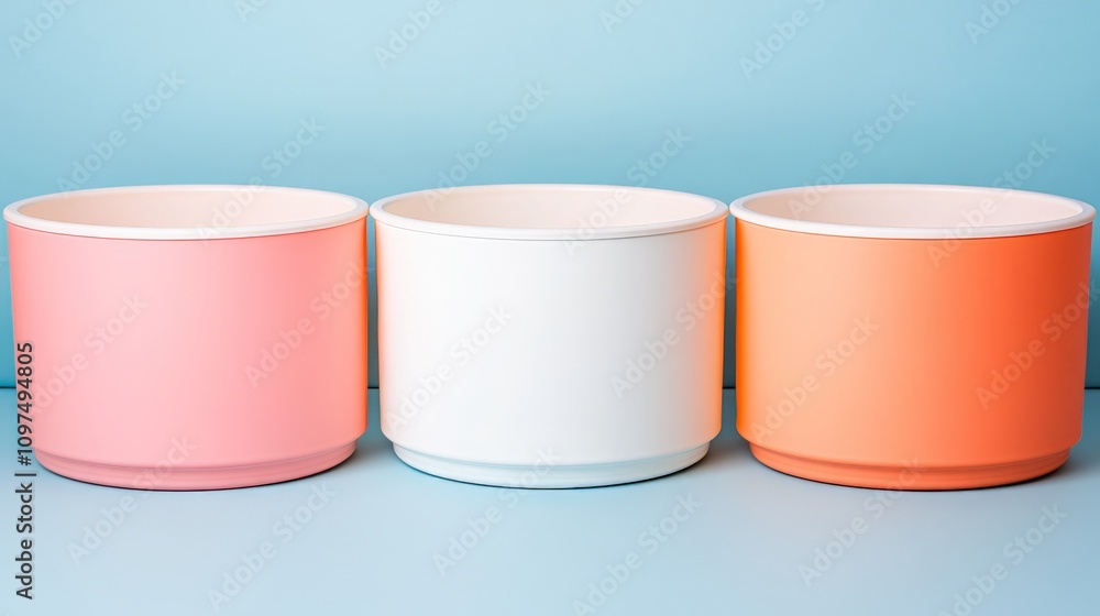 Pastel Plant Pots: Three vibrant pastel-colored plant pots, arranged in a minimalist composition against a soft blue backdrop. Pastel Plant Pots: Three vibrant pastel-colored plant pots, arranged in a minimalist composition against a soft blue backdrop.
