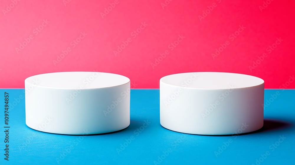 Minimalist Product Display: Two clean, white cylindrical platforms stand side-by-side against a vibrant backdrop of pink and blue. Minimalist Product Display: Two clean, white cylindrical platforms stand side-by-side against a vibrant backdrop of pink and blue.