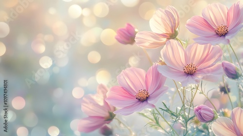 A soft-focus image of delicate pink flowers with a dreamy, bokeh background.