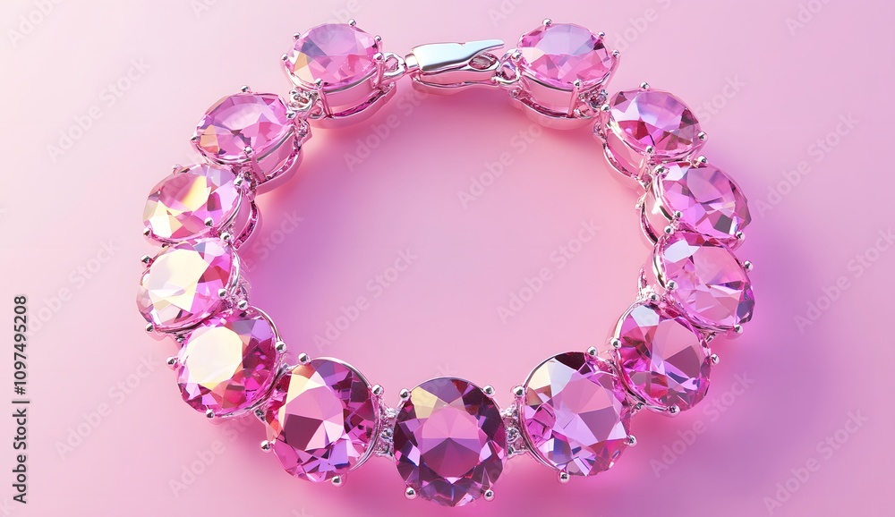 3D render of a shiny pink bracelet with large cut gemstones, isolated on a pastel background. The bracelet has a shiny silver metal clasp, shown in a top-down view. 3D render of a shiny pink bracelet with large cut gemstones, isolated on a pastel background. The bracelet has a shiny silver metal clasp, shown in a top-down view.
