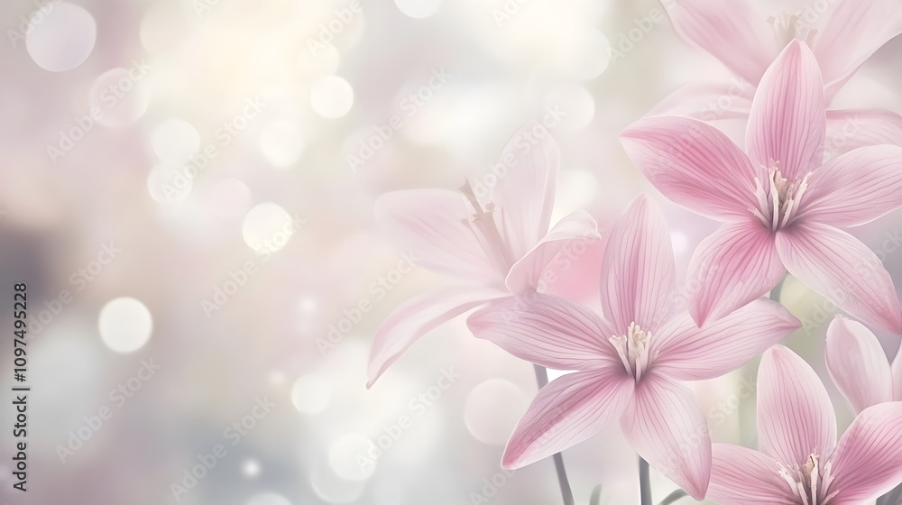 Naklejka premium A soft, dreamy background featuring pink flowers and bokeh, ideal for invitations or decor.