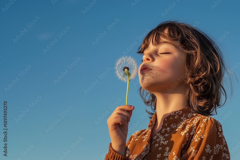 brunete girl wearing an orange blouse gently holds a dandelion in one hand while blowing on it, under a bright blue sky. A serene moment capturing the beauty and innocence of childhood. brunete girl wearing an orange blouse gently holds a dandelion in one hand while blowing on it, under a bright blue sky. A serene moment capturing the beauty and innocence of childhood.