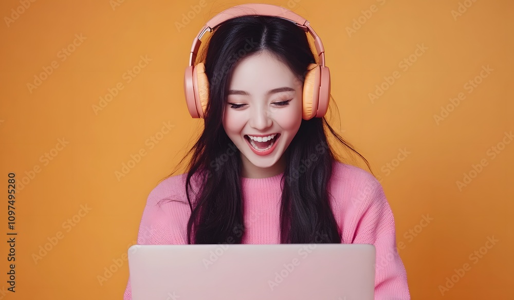 A beautiful young Asian woman wearing headphones is laughing while watching her laptop computer on an isolated orange background. She has long dark hair A beautiful young Asian woman wearing headphones is laughing while watching her laptop computer on an isolated orange background. She has long dark hair