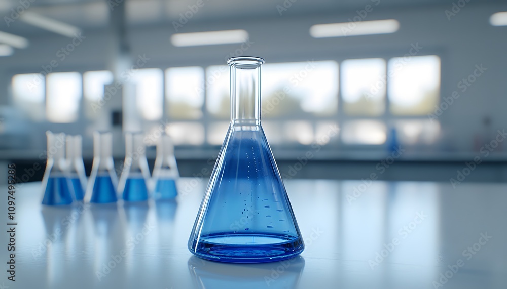 A blue glass Erlenmeyer flask filled with liquid stands on the white table in front of several glass beakers, in an empty laboratory room, with a blurred background, A blue glass Erlenmeyer flask filled with liquid stands on the white table in front of several glass beakers, in an empty laboratory room, with a blurred background,