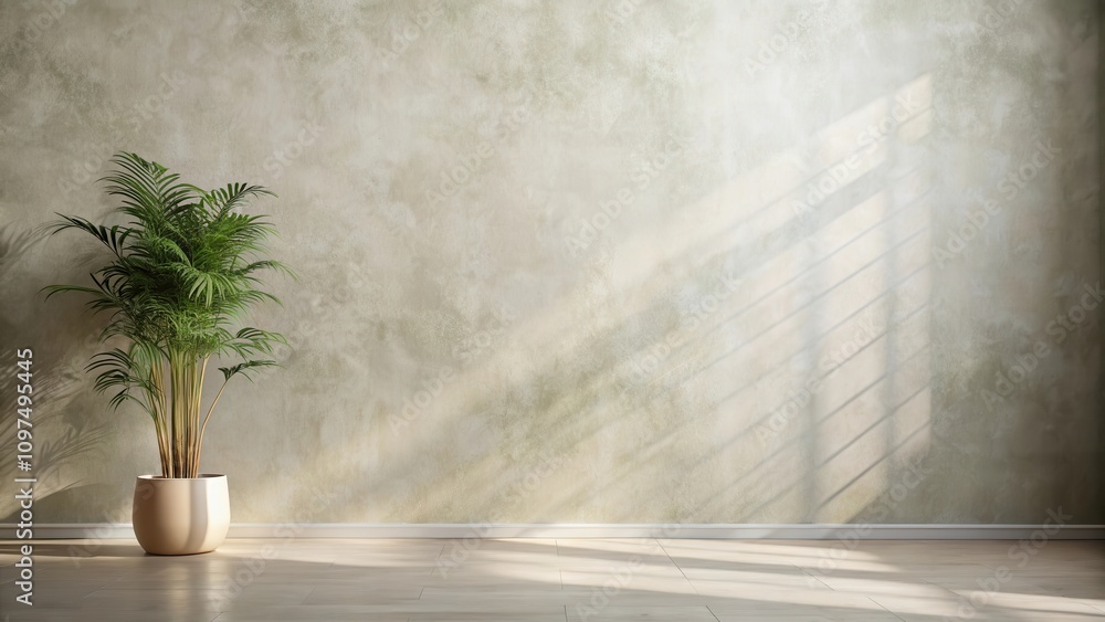 Fototapeta premium Serene Interior Design Featuring a Lush Potted Plant Against a Textured Wall with Sunlight Streaming Through a Window