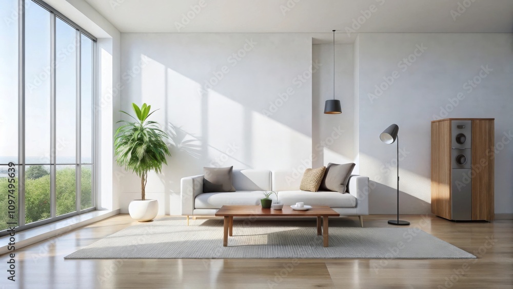 Modern minimalist living room interior design with a comfortable sofa, natural light, and wooden accents Modern minimalist living room interior design with a comfortable sofa, natural light, and wooden accents