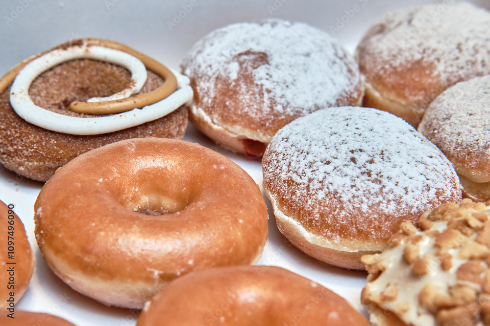 Assorted Donuts with Frosting, Glaze, and Powdered Sugar in a Close-Up View Assorted Donuts with Frosting, Glaze, and Powdered Sugar in a Close-Up View