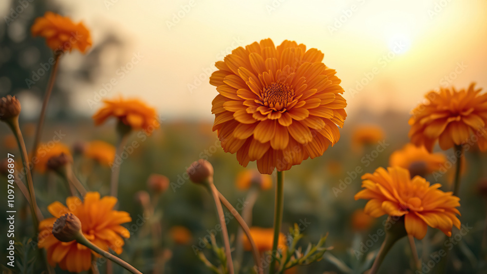 Close up of stunning marigold blossoms in a fall garden, orange, macro, fall, autumn Close up of stunning marigold blossoms in a fall garden, orange, macro, fall, autumn