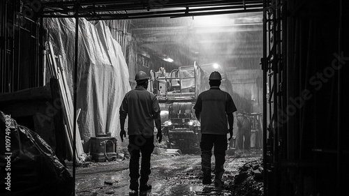 Construction workers walking through rainy site at night with machinery in background