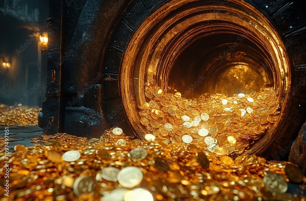 A large vault door is open, with gold coins and gems pouring out of it. A large vault door is open, with gold coins and gems pouring out of it.