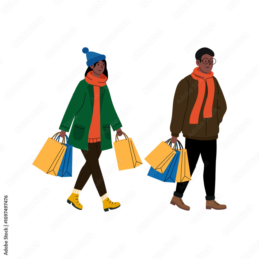 Couple enjoying a shopping day in a stylish urban setting during cool weather