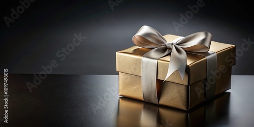 A luxurious gold gift box adorned with a sophisticated silver ribbon, ready for a special occasion