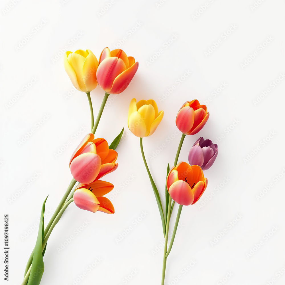 Colorful tulips blooming in a garden against a soft white paper background , colorful blooms, paper cutouts., blossoming flowers, botanical illustrations, garden scenery Colorful tulips blooming in a garden against a soft white paper background , colorful blooms, paper cutouts., blossoming flowers, botanical illustrations, garden scenery