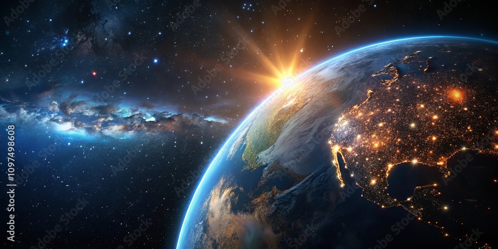 Obraz premium A Majestic Sunrise Illuminates Earth from Space, Showing a Glimmering Tapestry of City Lights Against a Star-Studded Cosmos