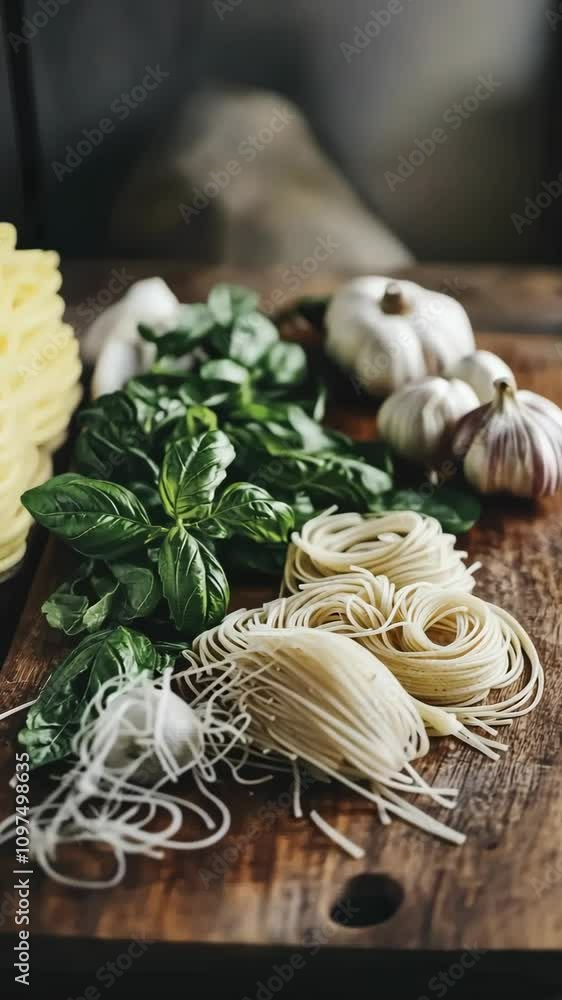 Fresh ingredients arranged on a wooden cutting board for preparing a delicious pasta dish with herbs and garlic Fresh ingredients arranged on a wooden cutting board for preparing a delicious pasta dish with herbs and garlic