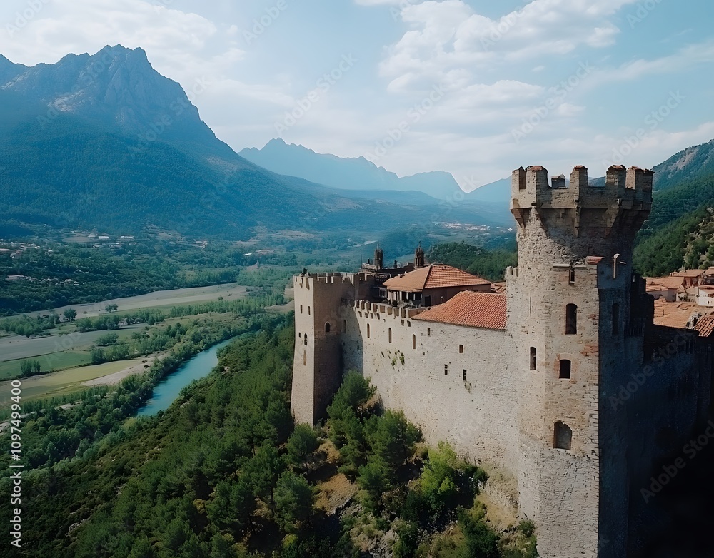 Aerial view of the medieval castle , mountains and rivers, the castle's walls tower over green trees, with red roof tiles contrasting against the blue sky. Aerial view of the medieval castle , mountains and rivers, the castle's walls tower over green trees, with red roof tiles contrasting against the blue sky.