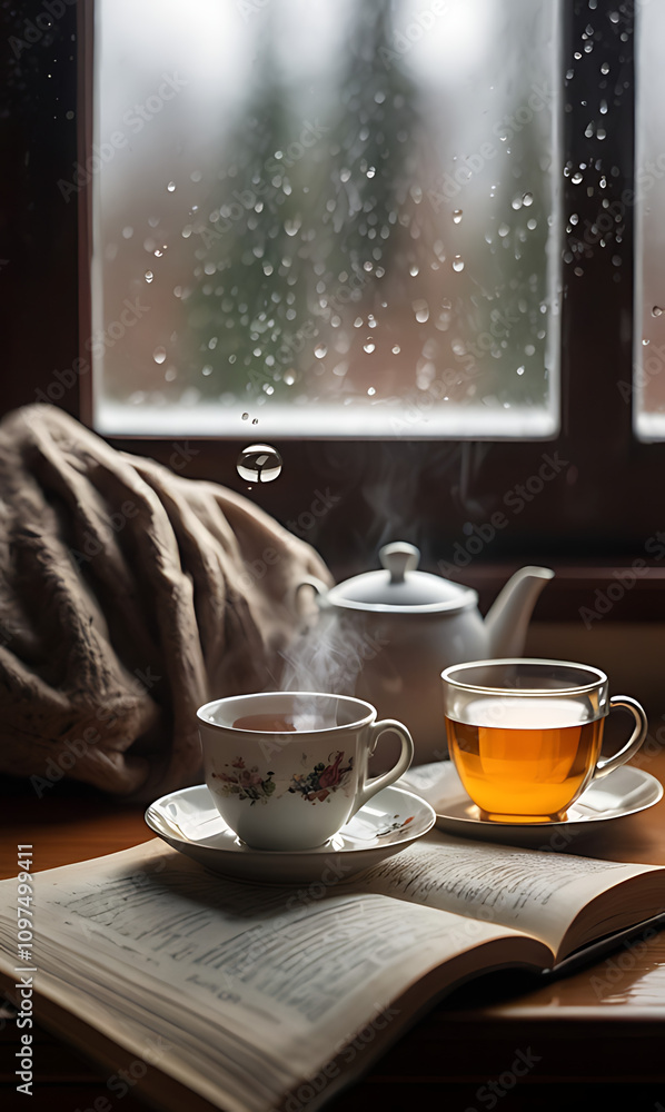 Obraz premium A close-up of a steaming cup of tea on a windowsill, raindrops on the glass, a cozy blanket in the background, and a book open nearby.