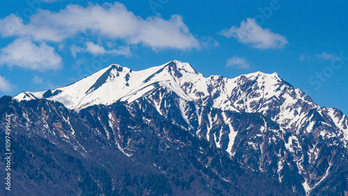 残雪の北アルプスと春の風景