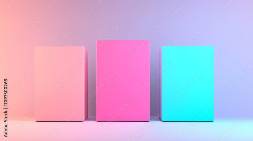 Pastel Podium: Three minimalist rectangular platforms, in soft pastel hues, are bathed in a radiant, gradient light. The perfect backdrop for product displays or showcasing designs. Pastel Podium: Three minimalist rectangular platforms, in soft pastel hues, are bathed in a radiant, gradient light. The perfect backdrop for product displays or showcasing designs.