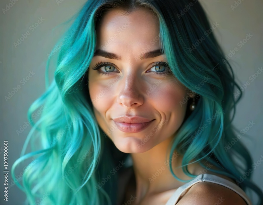Fototapeta premium A young Caucasian woman with long, wavy blue teal-colored hair, light skin, and a friendly expression, closeup face, smiling, studio background