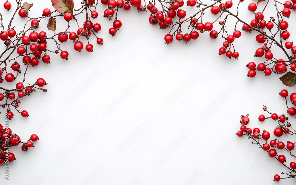 Elegant arrangement of red berries and green leaves, perfect for seasonal designs, invitations, or holiday decor like Christmas and New Year's celebrations.