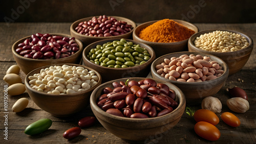 Close-up of Different Types of Beans in Rustic Bowls, Surrounded by Ingredients for a Hearty Dish