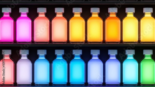 Rainbow of Colors in Bottles: A vibrant spectrum of colors shines through glass bottles, creating a captivating display of hues and shades. The bottles are arranged in a grid. photo