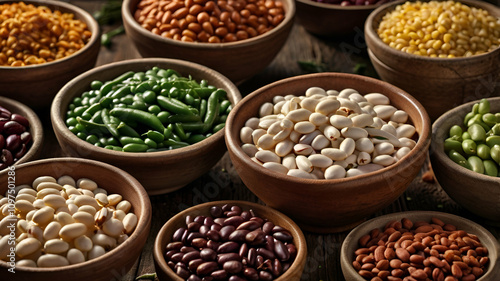 Close-up of Different Types of Beans in Rustic Bowls, Surrounded by Ingredients for a Hearty Dish