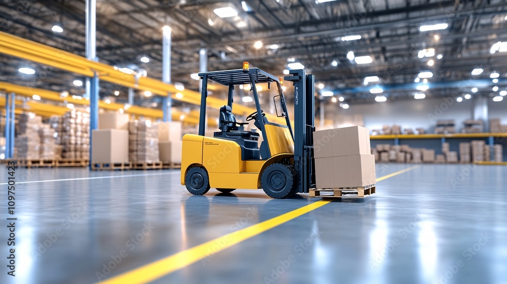 A yellow forklift operates in a spacious warehouse, moving boxes along a clean, marked floor under bright overhead lights. A yellow forklift operates in a spacious warehouse, moving boxes along a clean, marked floor under bright overhead lights.