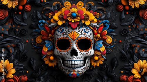 Vibrant 3D Render of a Sugar Skull Adorned with Flowers for D�a de Muertos AI Generated