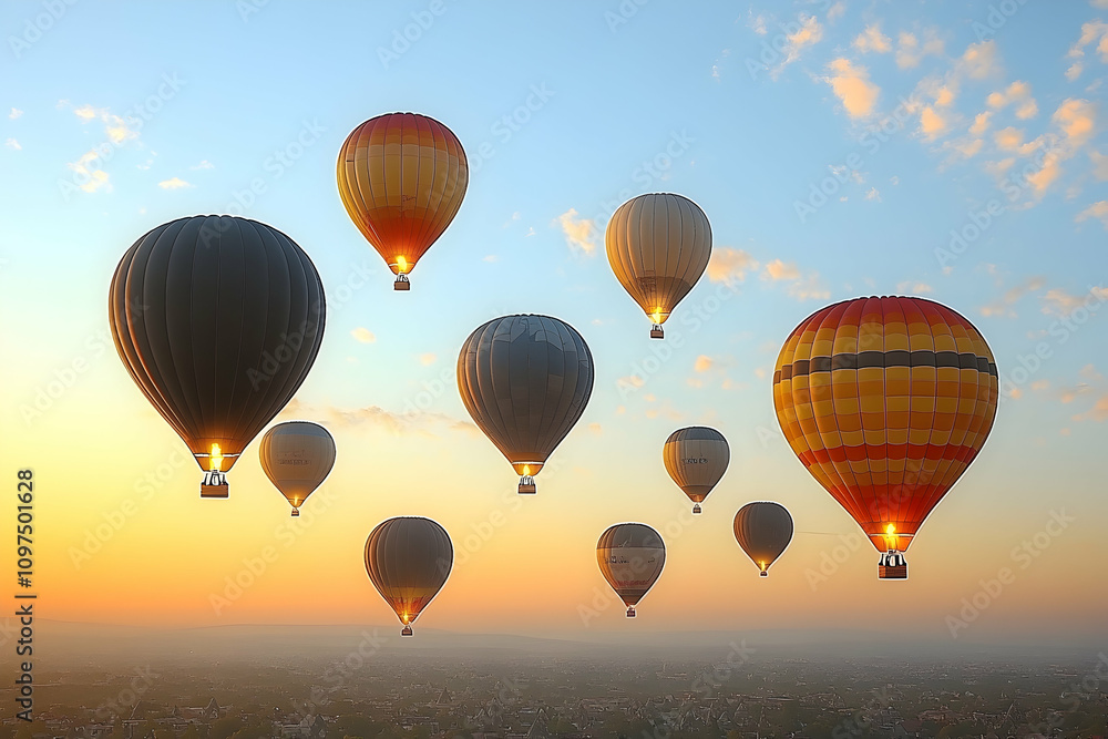 Obraz premium Colorful hot air balloons ascending at sunrise.