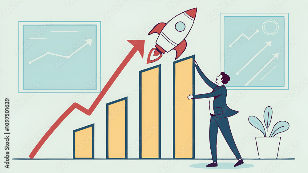 Businessman touching a glowing growth graph with a rocket symbol, perfect for startup promotions and corporate success visuals Businessman touching a glowing growth graph with a rocket symbol, perfect for startup promotions and corporate success visuals