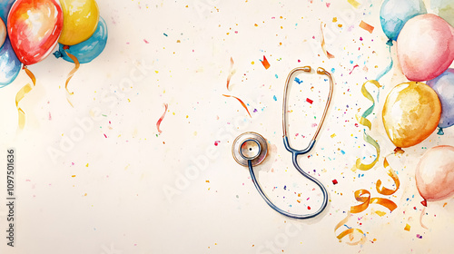 A cute watercolor illustration of a stethoscope artfully arranged with festive New Year decorations.