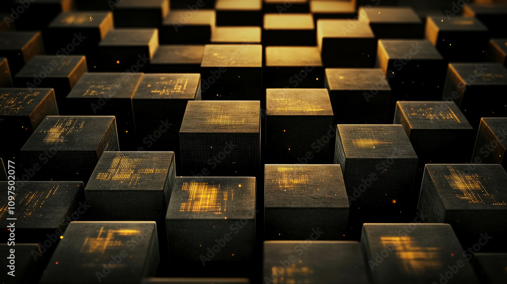 Fototapeta premium Abstract 3D Grid of Dark Cubes with Golden Texture and Light Highlights