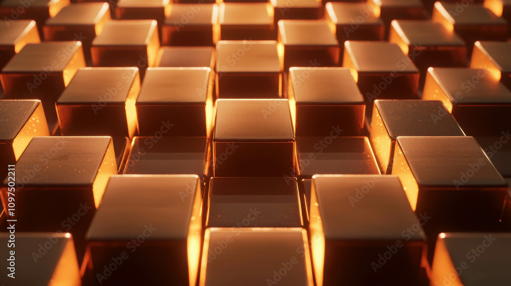 Fototapeta premium Golden Cubes Arrangement with Reflections and Dramatic Lighting Effects