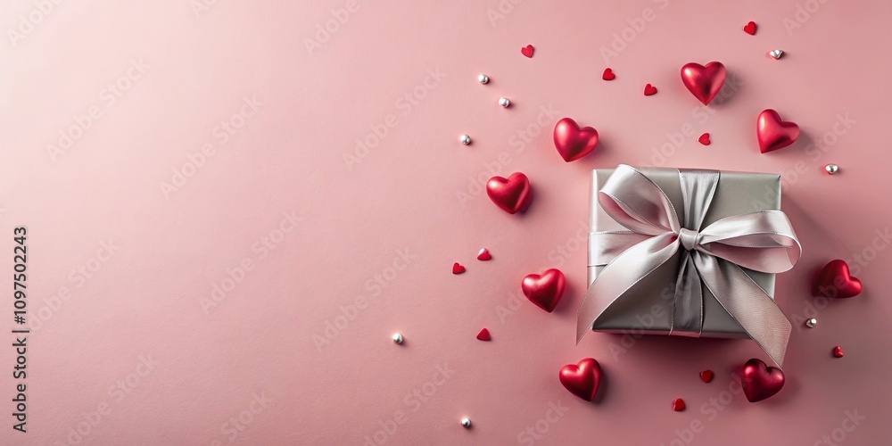 Romantic Silver Gift Box with Red Hearts and Pearls on Pink Background Romantic Silver Gift Box with Red Hearts and Pearls on Pink Background