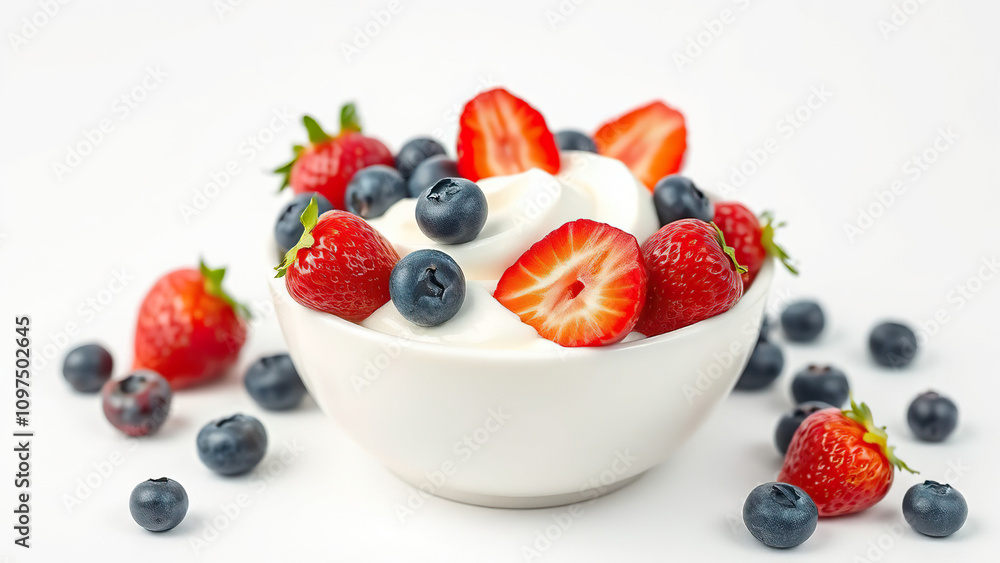 Fresh and creamy yogurt bowl adorned with ripe strawberries, blackberries, and blueberries, creamy texture, appetizing, succulent Fresh and creamy yogurt bowl adorned with ripe strawberries, blackberries, and blueberries, creamy texture, appetizing, succulent