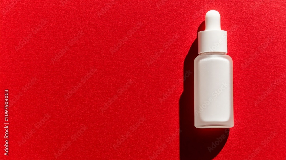Serum Bottle on Red Background: A minimalist and elegant photo of a white glass serum bottle with a dropper, set against a vibrant red background. The bottle casts a soft shadow. Serum Bottle on Red Background: A minimalist and elegant photo of a white glass serum bottle with a dropper, set against a vibrant red background. The bottle casts a soft shadow.