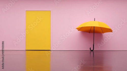 Wallpaper Mural Yellow Door, Yellow Umbrella: A single yellow umbrella stands beside a closed yellow door in a minimalist setting. The door represents opportunity, while the umbrella symbolizes protection and safety. Torontodigital.ca