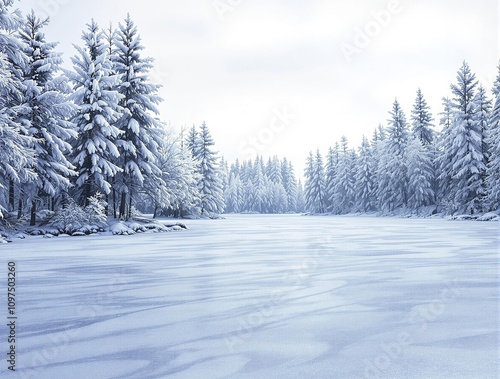 Frosty forest landscape with snow-covered trees and a frozen lake, snow, winter scenery