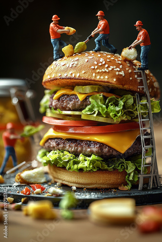 whimsical burger scene featuring miniature workers atop towering burger, showcasing vibrant colors and playful details. burger is layered with fresh ingredients and surrounded by playful elements