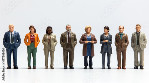 diverse group of miniature figurines representing men and women in professional attire, standing in row. They exhibit various expressions and styles, showcasing teamwork and collaboration